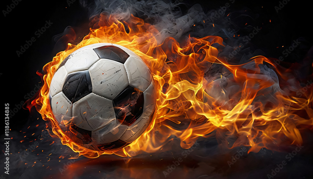 Naklejka premium Soccer Ball Surrounded By Intense Flames And Smoke
