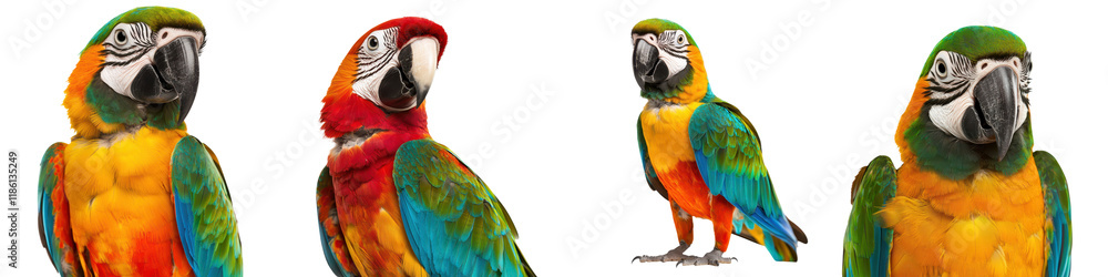 Fototapeta premium Close up Portraits of Vibrant and Colorful Parrots Perching on Branches Showcasing the Stunning Plumage and Distinct Features of These Exotic Tropical Birds in Their Natural Habitat