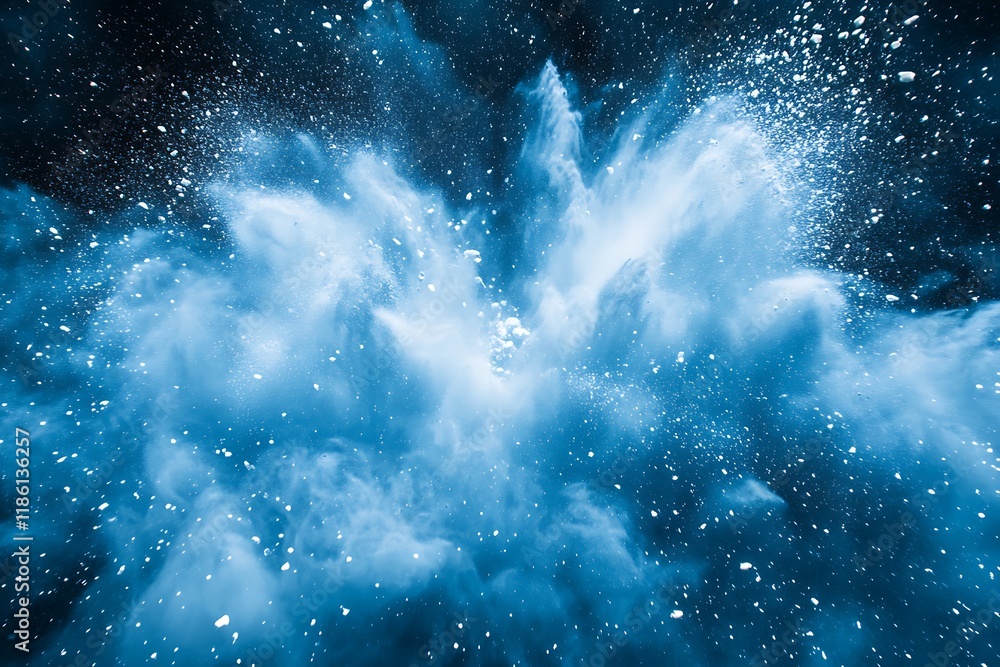 A blue and white powder explosion resembling a snowstorm, capturing the cool tones and serene energy in motion A blue and white powder explosion resembling a snowstorm, capturing the cool tones and serene energy in motion