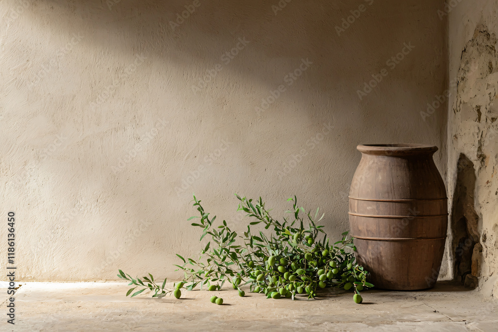 Fototapeta premium handcrafted oil vessel, fresh olive scatter, oak aging room, rustic setting