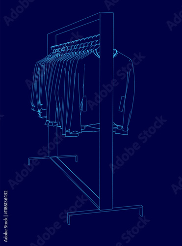 Blue image of a clothes rack with clothes hanging on it. The clothes are all neatly arranged and the rack is standing upright. Concept of organization and orderliness