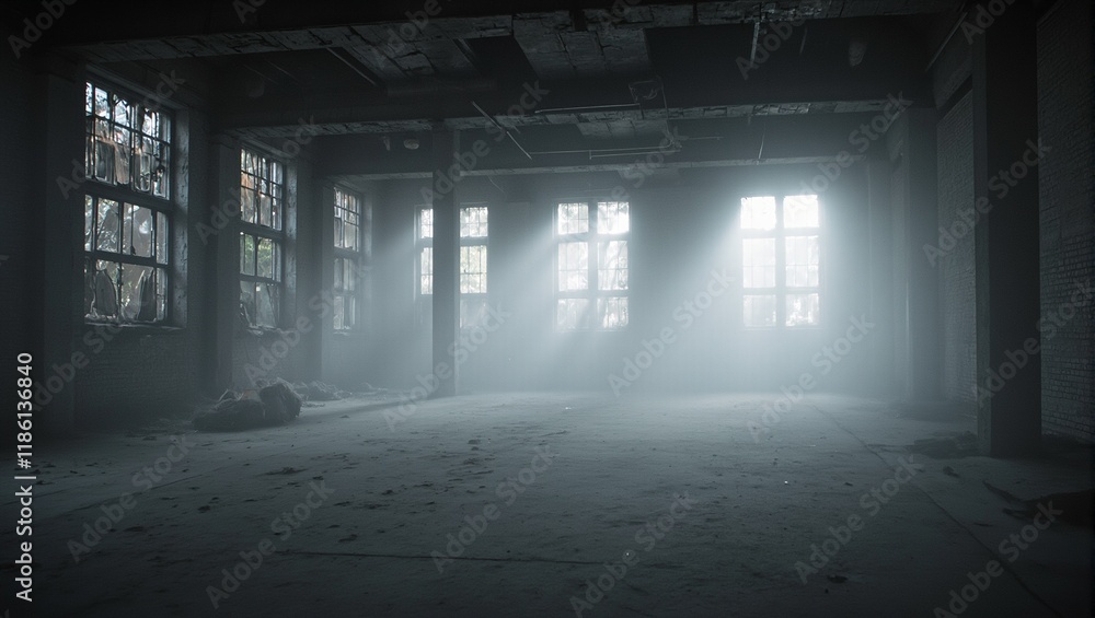 Fototapeta premium Eerie abandoned factory interior with swirling fog and soft light creating a haunting atmosphere