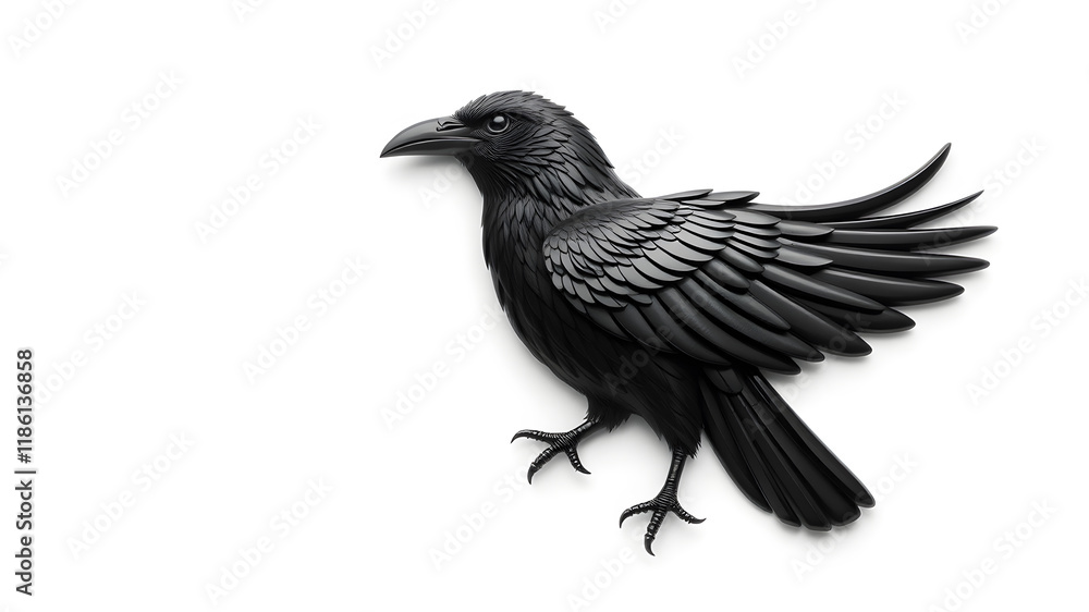Fototapeta premium Raven metallic 3D image of black raven on white background. Generative AI