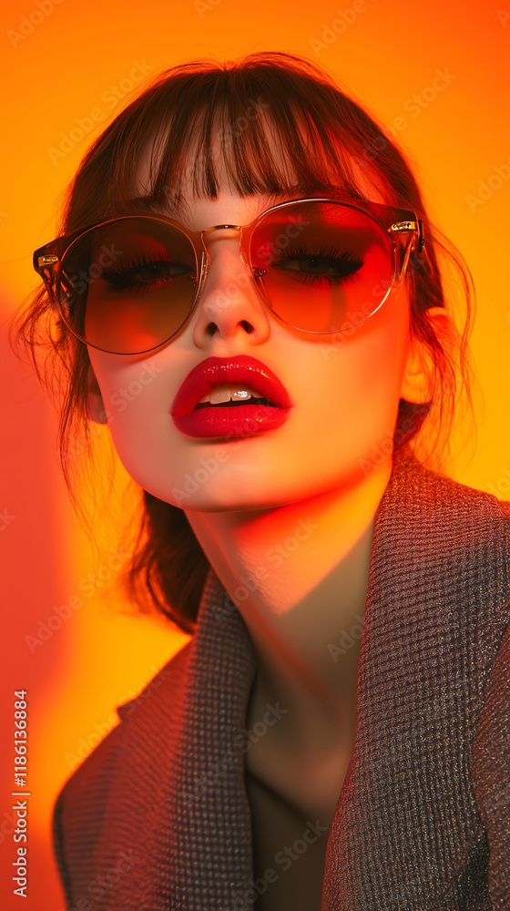 Glamorous Fashion Portrait: A Confident Model in Trendy Sunglasses and Bold Lip Color, Captured in Vibrant Sunset Lighting with a Chic, High-Fashion Aesthetic Glamorous Fashion Portrait: A Confident Model in Trendy Sunglasses and Bold Lip Color, Captured in Vibrant Sunset Lighting with a Chic, High-Fashion Aesthetic