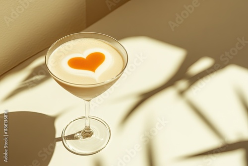 Elegant cocktail with a heart-shaped design on its surface, bathed in warm sunlight and shadows photo