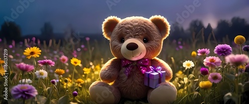 A charming illustration of a cuddly toy present in a field of flowers showcasing delight