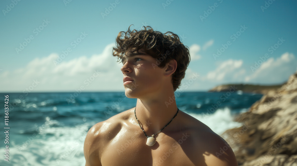 Young Man with Curly Hair by the Seaside Looking at Horizon Young Man with Curly Hair by the Seaside Looking at Horizon