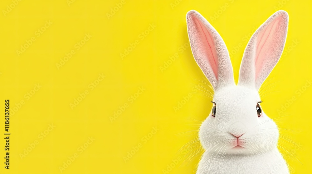 Cute white Easter bunny peeking from the side against a vibrant yellow background. Copy space for text Cute white Easter bunny peeking from the side against a vibrant yellow background. Copy space for text