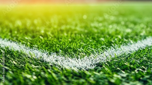 Bright green grass texture with a corner line on a soccer field under warm evening sunlight, highlighting the play area for the game photo