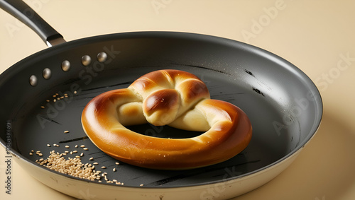 A close-up of a warm, homemade pretzel with a shiny golden glaze, laid on a lightly greased baking pan, with a few scattered salt flakes and a rustic kitchen setting in the background.