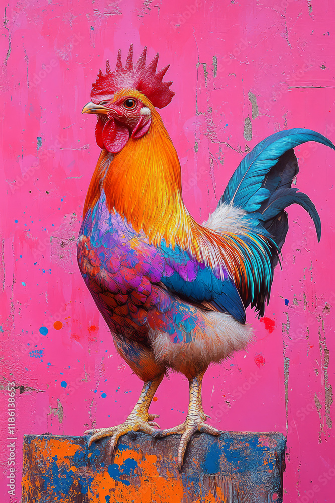 Fototapeta premium A majestic chicken with iridescent plumage in shades of blue, orange, and purple, standing out on a bright pink backdrop with artistic paint splatter effects,