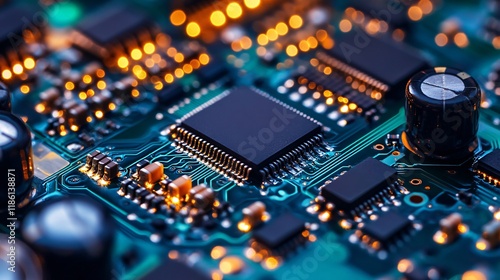 Electronic circuit board showing microchip and components lighting up photo