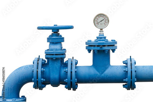 Heavy industry water pipe connector with gate valve pipeline and pressure gauges isolated on white