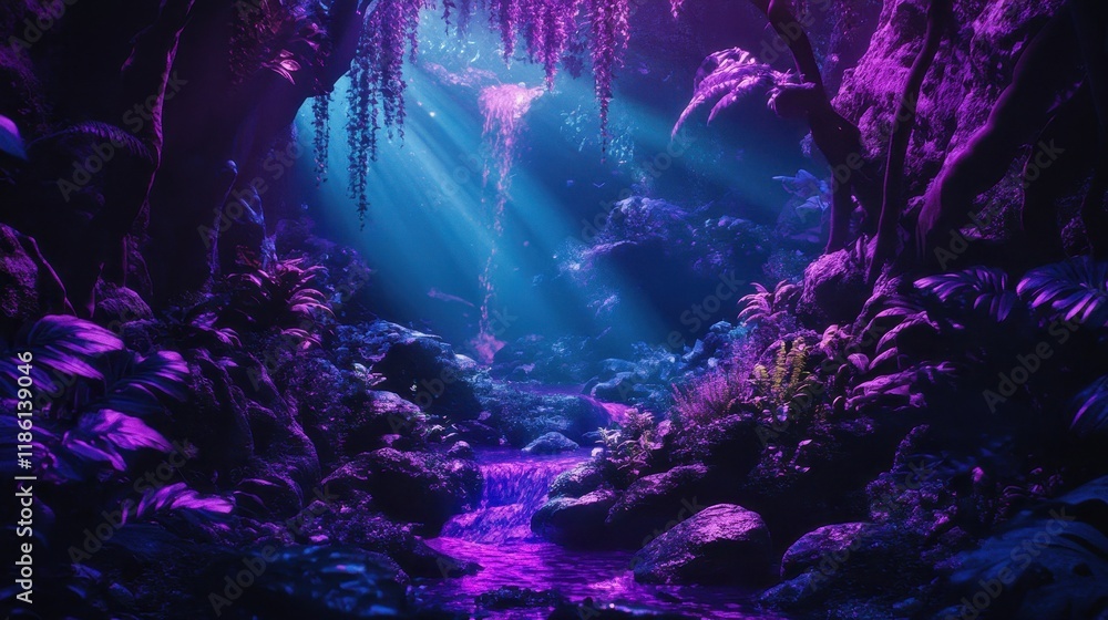 Fototapeta premium Ethereal Glow Illuminating a Mystic Waterfall in a Lush, Enchanting Grotto