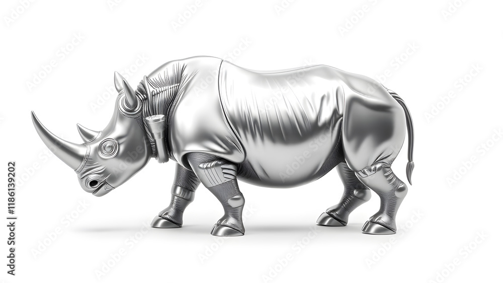Fototapeta premium Rhino metallic 3D image of silver rhino on white background. Generative AI