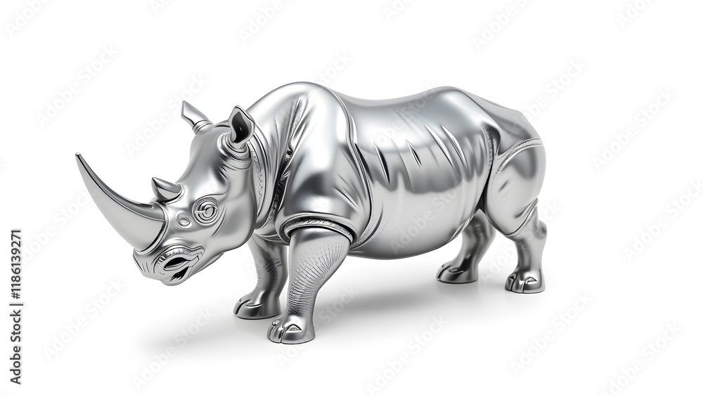 Fototapeta premium Rhino metallic 3D image of silver rhino on white background. Generative AI