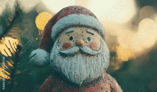 A charming vintage Santa Claus figurine stands out with its worn features, shining softly among holiday lights and greenery photo