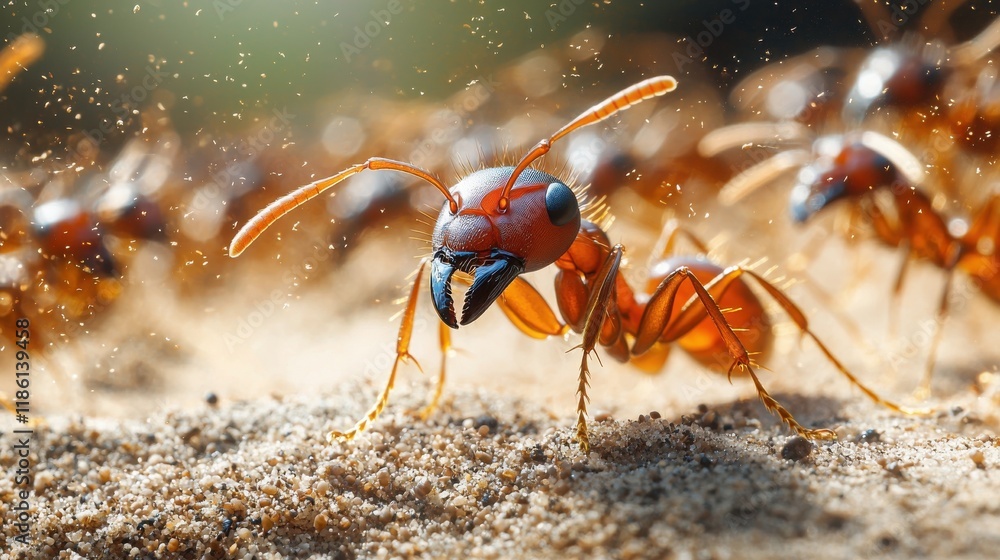 Close-up of a red ant on the ground, surrounded by others. The detailed texture of the ant and the sand is striking, creating a dynamic image. Close-up of a red ant on the ground, surrounded by others. The detailed texture of the ant and the sand is striking, creating a dynamic image.