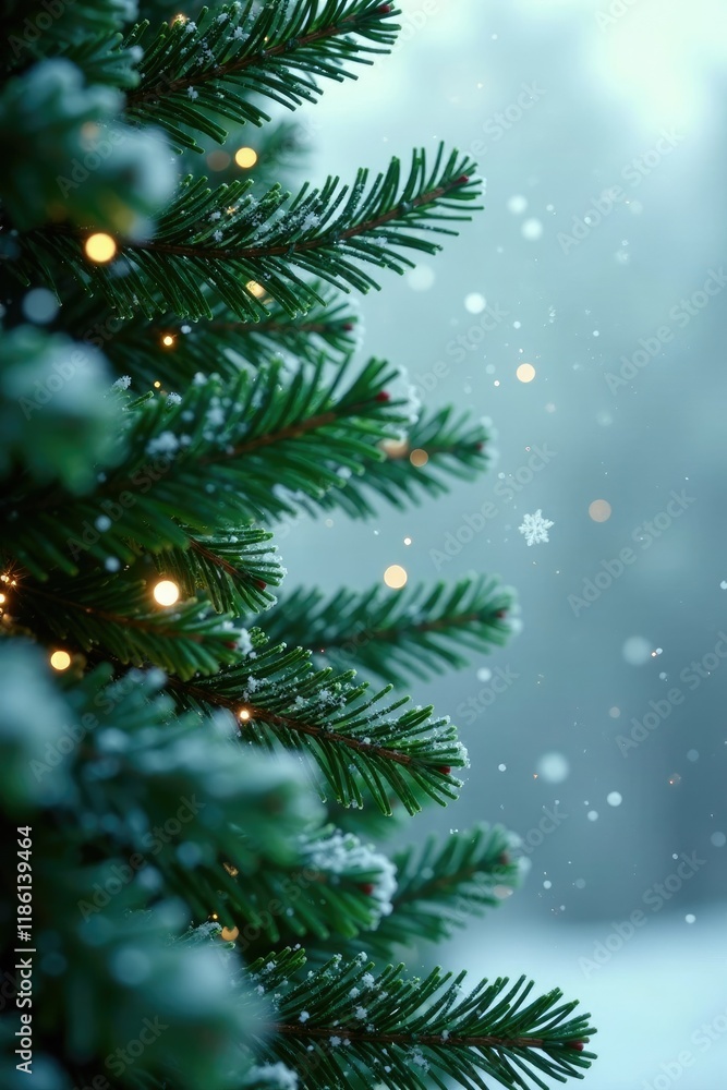 Snowflakes gently fall on the emerald-green branches of a luxurious Christmas tree made of crystal, festive, snowflake, frosty Snowflakes gently fall on the emerald-green branches of a luxurious Christmas tree made of crystal, festive, snowflake, frosty