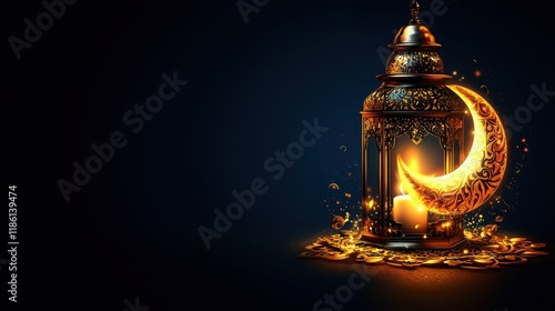 A serene Ramadan concept: Glowing lantern and crescent moon on a dark backdrop, ideal for greeting cards photo