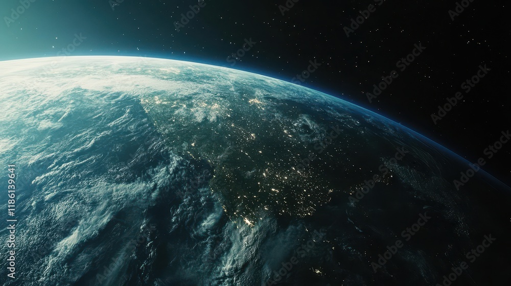 Fototapeta premium Earth's Curve with White Clouds and Stars from Space