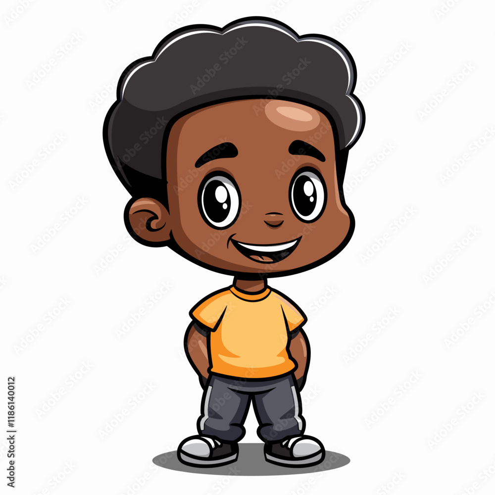 Vector illustration of a cute little black boy in yellow t-shirt. Vector illustration of a cute little black boy in yellow t-shirt.