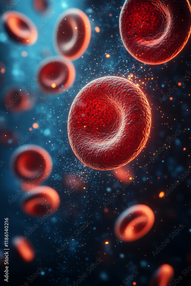 Naklejka premium A medical 3D render of red blood cells in motion, surrounded by soft glowing blue plasma, displayed on a clean and simple background,