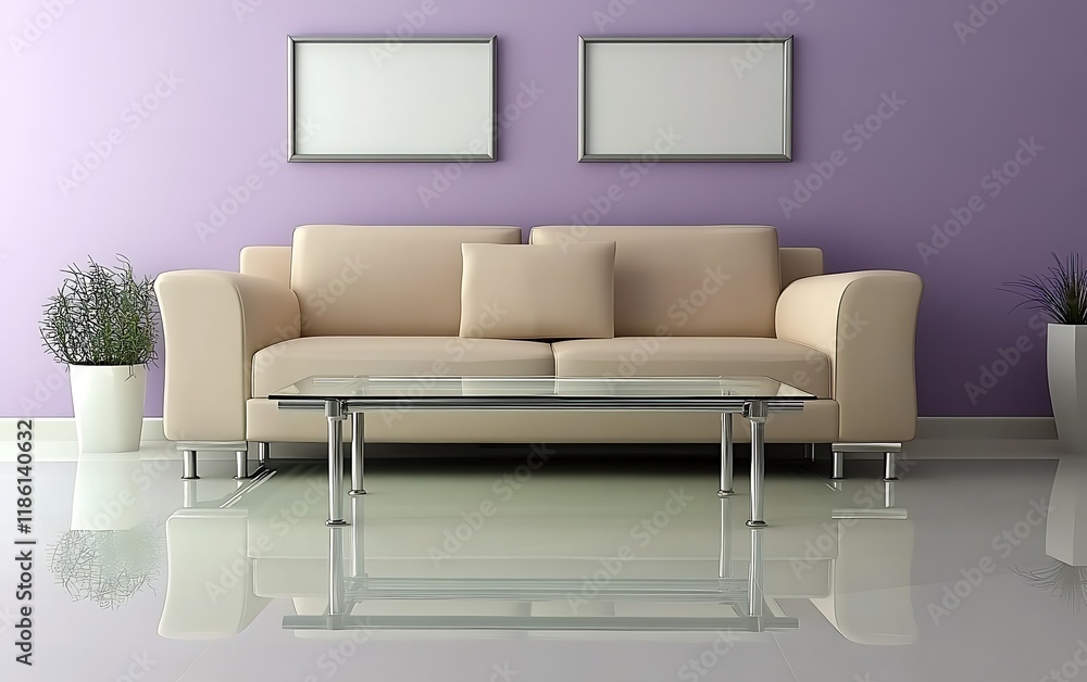 Beige sofa in modern living room with lavender walls Beige sofa in modern living room with lavender walls