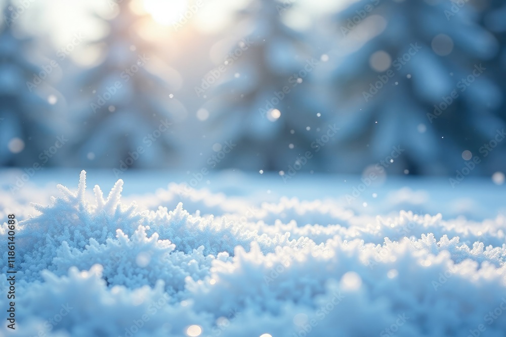 Softly falling white and blue snowflakes on a frosty morning landscape, white, landscape, cold Softly falling white and blue snowflakes on a frosty morning landscape, white, landscape, cold