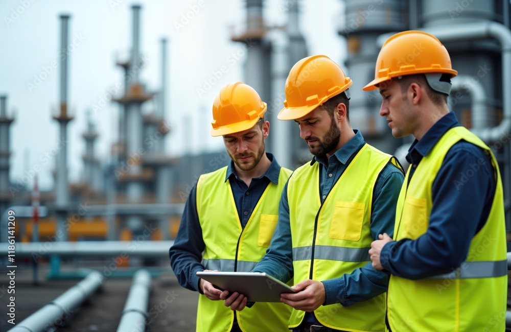Three engineers in bright yellow vests, orange safety helmets work at oil refinery. Look at tablet computer, discuss. Setting industrial plant with large pipes, structures in background. Photo shows Three engineers in bright yellow vests, orange safety helmets work at oil refinery. Look at tablet computer, discuss. Setting industrial plant with large pipes, structures in background. Photo shows