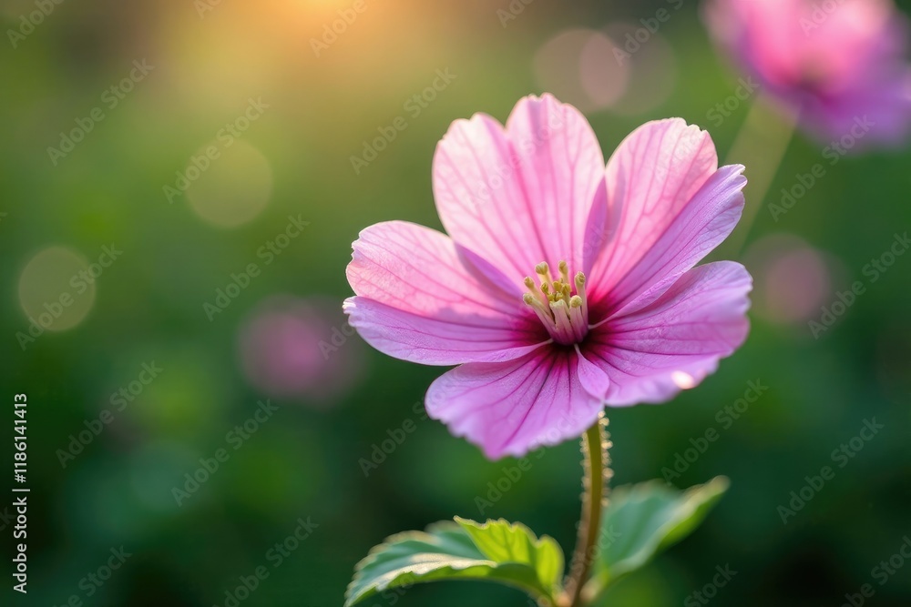 Obraz premium Soft pink petals of Mallow unfold on the stem, floral, nature, malva sylvestris