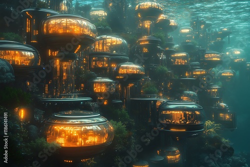 A bustling underwater city with bioluminescent buildings and marine life photo