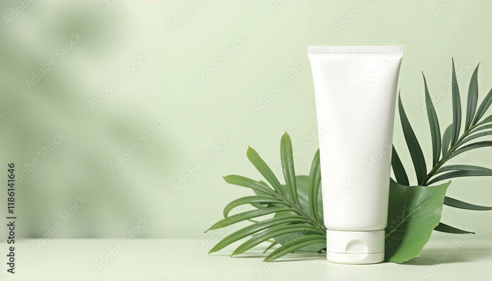 Blank plastic cosmetics container for cream or shampoo. Cosmetics bottle mockup with tropical leaves. Beauty product design, skincare and haircare concept. Blank plastic cosmetics container for cream or shampoo. Cosmetics bottle mockup with tropical leaves. Beauty product design, skincare and haircare concept.