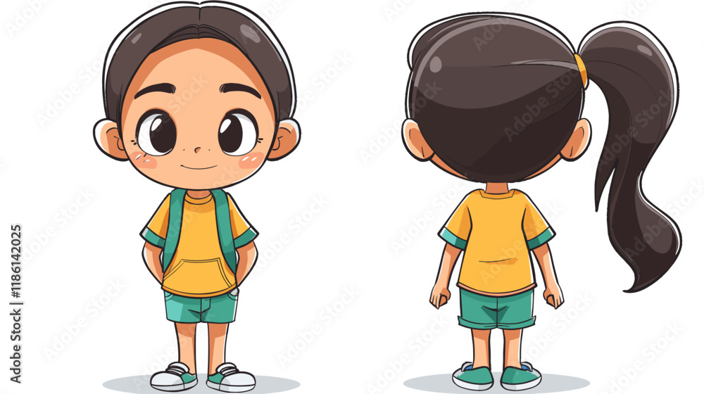 Cartoon girl with a backpack and a ponytail. She is smiling. The girl is wearing a yellow shirt and green shorts