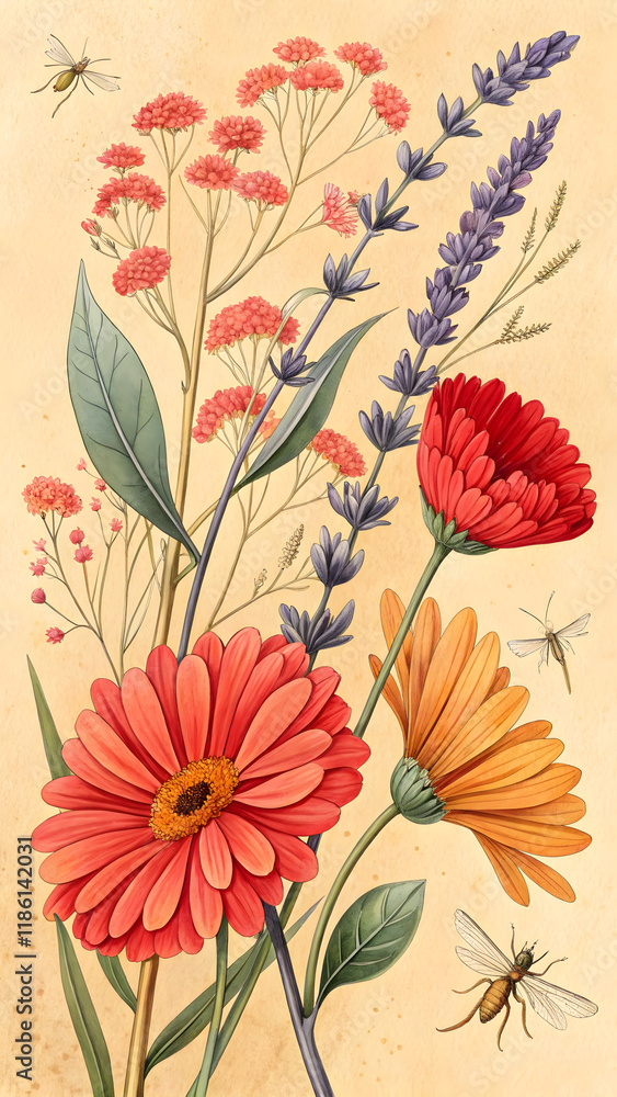 Fototapeta premium Colorful gerberas and lavender with insects in botanical illustration