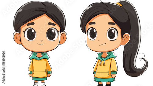 Two cartoon girls with hoodies on. One is smiling and the other is frowning. The girl on the left is wearing a yellow hoodie