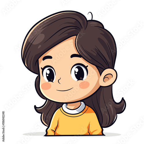 Cute little girl with long black hair. Vector illustration isolated on white background