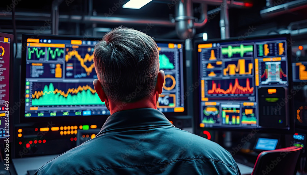 engineer inspecting in Control room on monitor screen at a modern industrial production line.