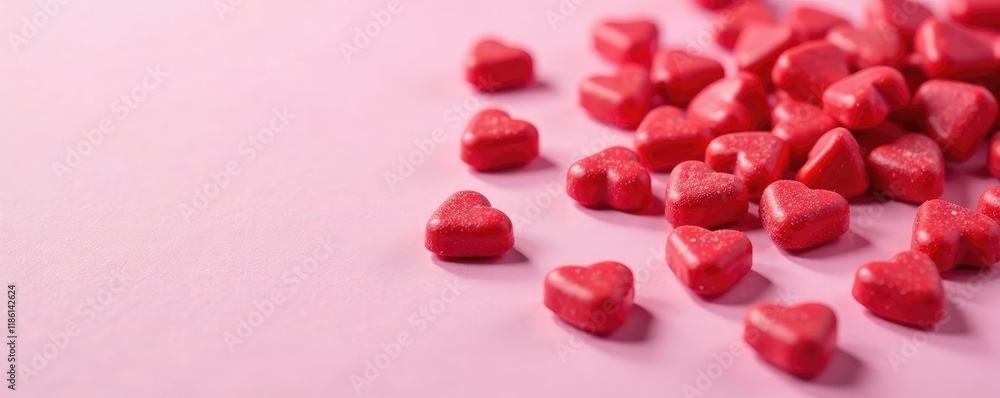 Tiny red heart candies scattered on a pastel pink tablecloth, details, sweets Tiny red heart candies scattered on a pastel pink tablecloth, details, sweets