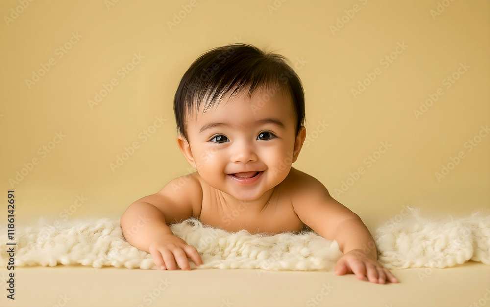 Adorable baby smiling in yellow clothes against backdrop. Adorable baby smiling in yellow clothes against backdrop.