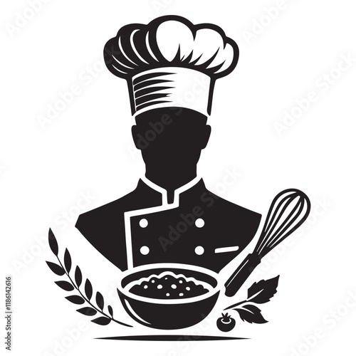 Chef Silhouette Vector Illustration, Solid White Background.