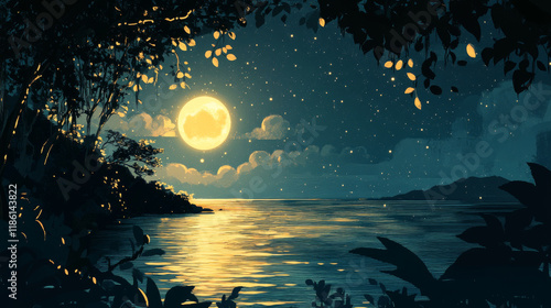 Fototapeta Naklejka Na Ścianę i Meble -  Night ocean landscape, full moon and stars shine in sky above water surface reflecting starlight and jungle trees with lianas. Tropical ocean seascape, dark heaven twilight, Cartoon vector background