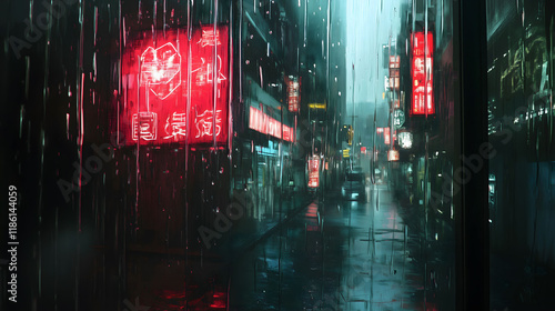 A captivating view of a city scene drenched in rain, featuring vibrant neon signs illuminating the wet streets.