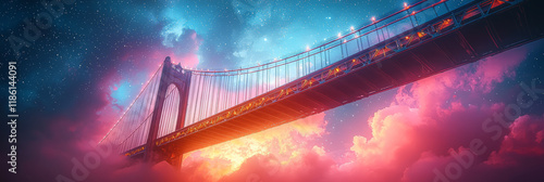 Minimalistic view of a tall steel suspension bridge tower with cables extending diagonally, set against a pastel gradient sky transitioning from blue to soft pink, with subtle glowing stars,