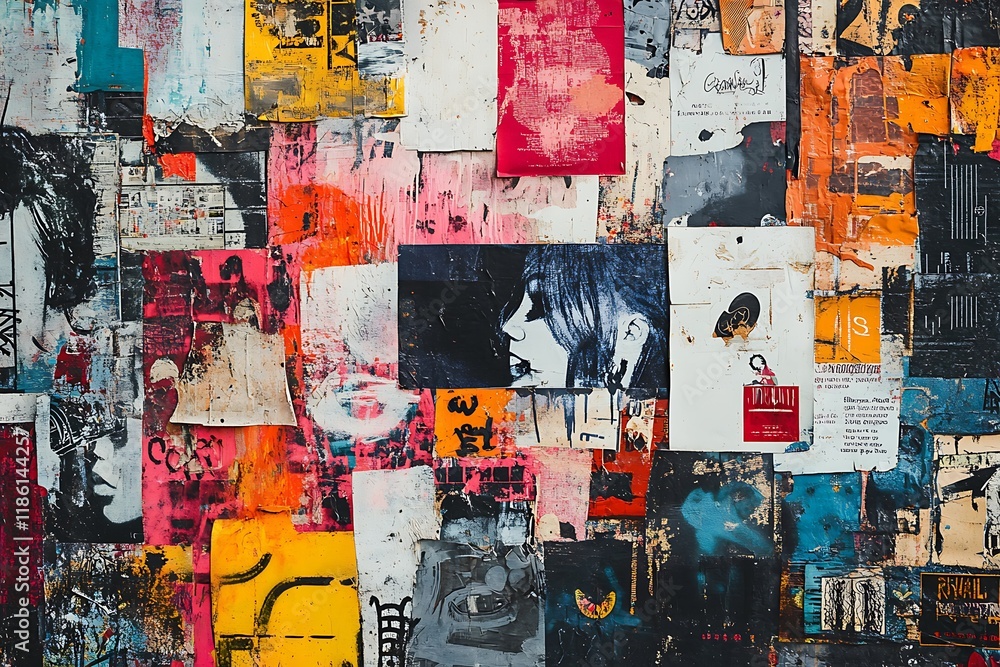 Fototapeta premium A chaotic collage of street art elements, including vivid stencils, distressed posters, and abstract graffiti on a grunge background