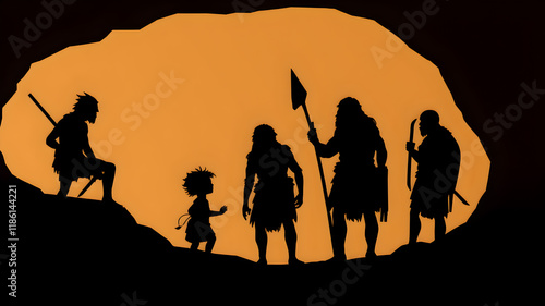 Silhouettes of group of cavemen with child from inside of a cave. Generative AI