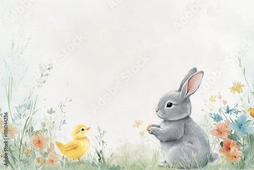 Watercolor illustration of a gray bunny and a yellow duckling in a spring meadow with flowers photo