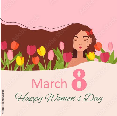 Postcard for Women's Day. Girl against the background of tulips. Vector illustration. Flat style.