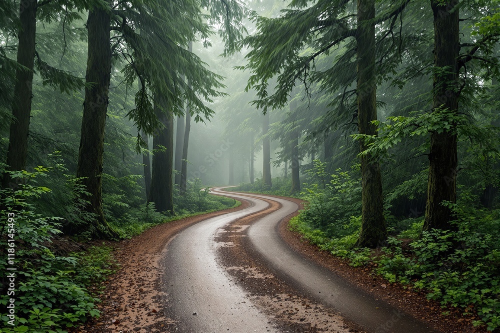 Naklejka premium A winding road through dense, green forest with tall trees and mist in the air, creating a serene and tranquil scene. Ai generative
