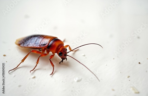 Dead cockroach on white floor. Pest control concept. Pest infestation. Dangerous insect. Household pest. Elimination of cockroaches. Health, safety. Anti-pest measures in kitchen. Harmful insects.